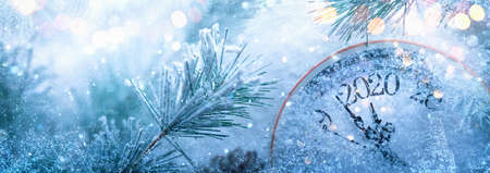 Happy New Years 2020. Winter Celebration With Dial Clock On Snow And Light