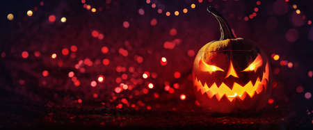 Halloween Pumpkins Glowing In Fantasy Night. Jack OLantern Holiday Horror Backgroundの写真素材