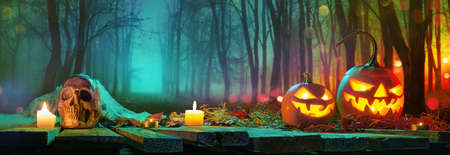 Halloween Background. Jack O Lanterns Glowing In Fantasy Nightの写真素材