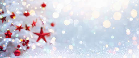 Winter Landscape With Christmas Tree And Red Stars. Holiday Background With Shining Bokeh Effectsの写真素材