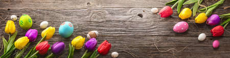Painted Eggs With Tulips On Natural Wooden Plank. Easter Decoration