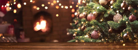 Christmas Tree with Brown Balls and Stars. Home Decorの写真素材