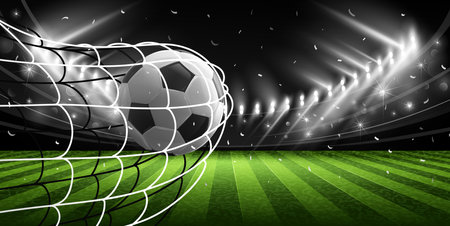 Realistic soccer ball hitting the net. Football championship in the arena. vector illustrationのイラスト素材