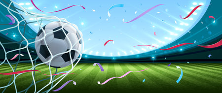 Hitting a soccer ball in a net with bright highlights and falling confetti. Soccer championship in the arena. vector illustrationのイラスト素材