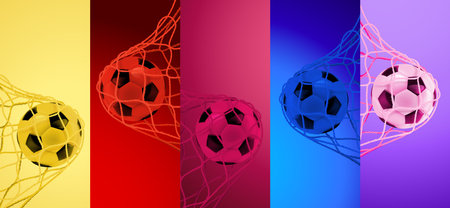 Collection of colored realistic soccer balls in a net. vector illustrationのイラスト素材