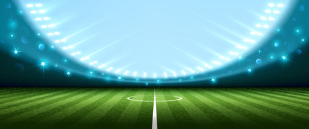 Realistic football arena with spotlights. Stadium with filled stands with sports soccer fans and bright flashes of light. vector illustrationのイラスト素材