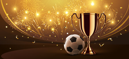 Realistic champion cup and soccer ball with fireworks and confetti. final game. vectorのイラスト素材