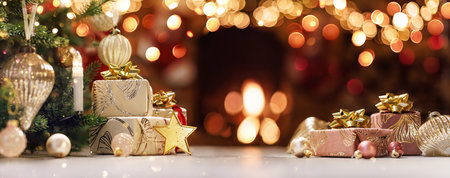 Christmas Tree With Gifts And A Star Near The Fireplaceの写真素材