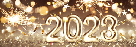 Happy New Years 2023. Golden Background with Confettiの写真素材