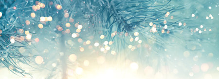 Christmas Tree With Snow And Garland Lightsの写真素材