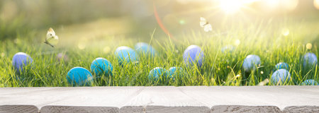 Spring natural background with Easter eggsの写真素材