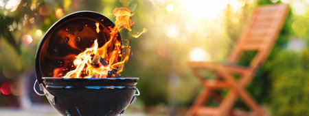 Barbecue grill with fire on open airの写真素材