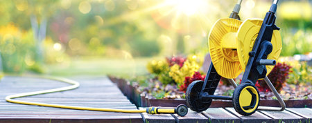 Sunny garden with flowers and garden toolsの写真素材