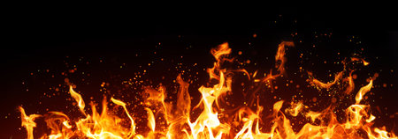 Fire flames on black backgroundの写真素材
