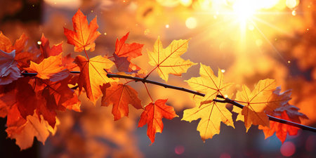 Branch with maple leaves in sunlight and glitter effect. Autumn leaf fallの素材