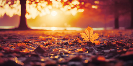 Autumn landscape with leaves against the backdrop of sunset sunの素材