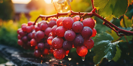 Ripe grapes with green leaves in the sun with water drops. Juicy red grapes in the gardenの素材