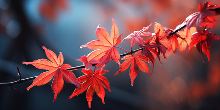 Branch with beautiful bright maple leaves. Natural colorful backgroundの素材