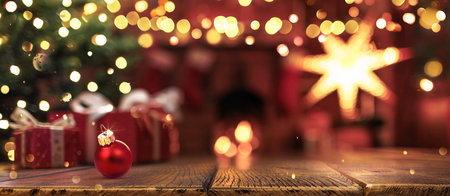 Christmas Tree with Decorations Near a Fireplace with Lightsの写真素材