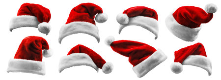 Set of Red Santa Claus Hats Isolatedの写真素材