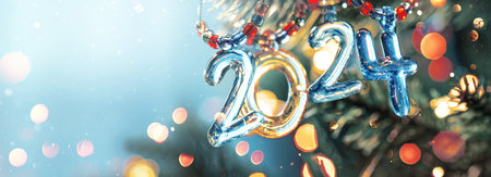 Happy New Years 2024. Festive background with Christmas lights and snowの写真素材
