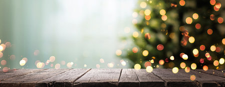 Christmas background with fir tree and illumination lightsの写真素材