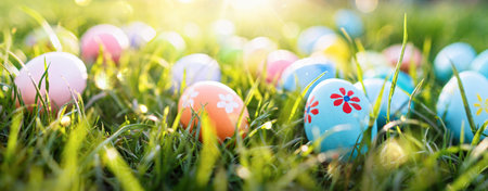 Easter eggs in the grass on a sunny backgroundの写真素材