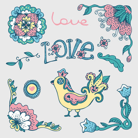  Flowers and Bird  Set Wedding and Valentine s Day design elements  Vector illustration のイラスト素材