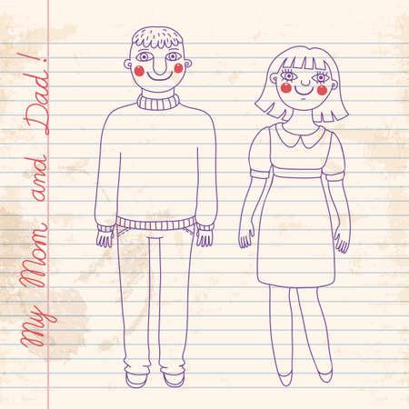 Drawn in a notebook mom and dad. Vector illustration.のイラスト素材