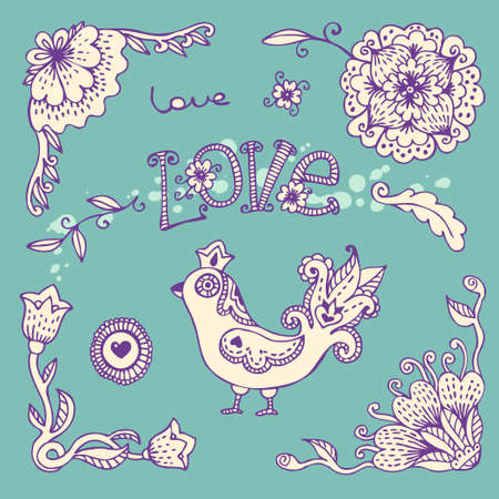 Flowers and Bird. Set Wedding and Valentine's Day design elements. Vector illustration.のイラスト素材