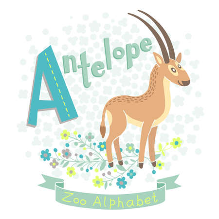Letter A - Antelope. Alphabet with cute animals. Vector illustration.のイラスト素材