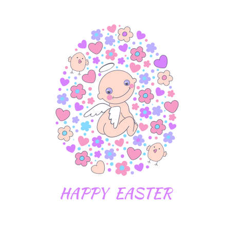 Easter concept card  Bright holiday background made of angel, flowers, birds and hearts in cartoon style in vector のイラスト素材