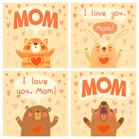 Greeting card for mom with cute animals. Vector illustration.のイラスト素材