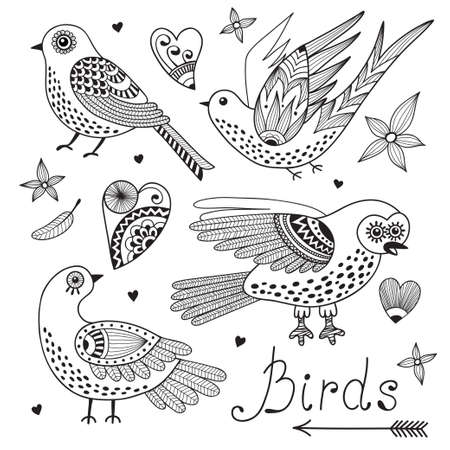 Vector set birds and hearts. Hand drawn elements for design.のイラスト素材