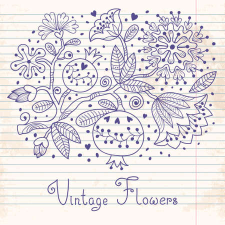 Hand drawing illustration. Flowers and pomegranate. Vector illustration.のイラスト素材