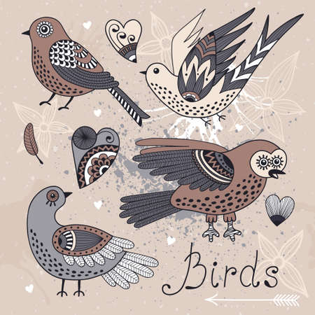 Vector set birds and hearts. Hand drawn elements for design.のイラスト素材