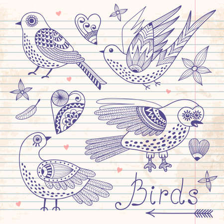 Vector set birds and hearts. Hand drawn elements for design.のイラスト素材