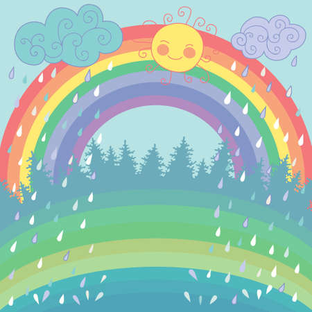 Colorful background with a rainbow, rain, sun in cartoon style  のイラスト素材