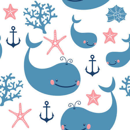Seamless pattern with cute whales  Vector illustration のイラスト素材
