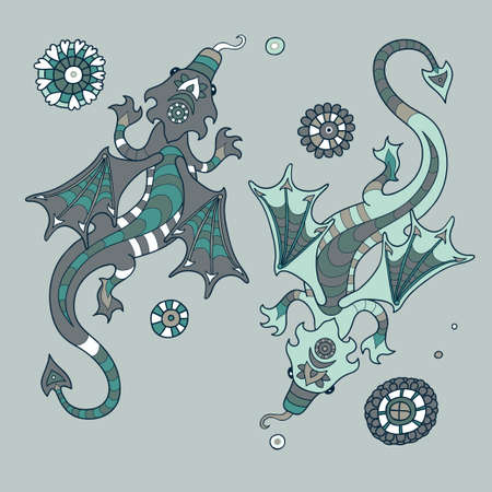 Set with winged dragons in the style of the cartoon  Vector illustration のイラスト素材
