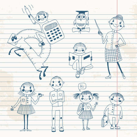 Hand drawn teacher and schoolchildren illustration のイラスト素材