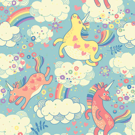 Cute seamless pattern with rainbow unicorns in the clouds  Vector illustration のイラスト素材