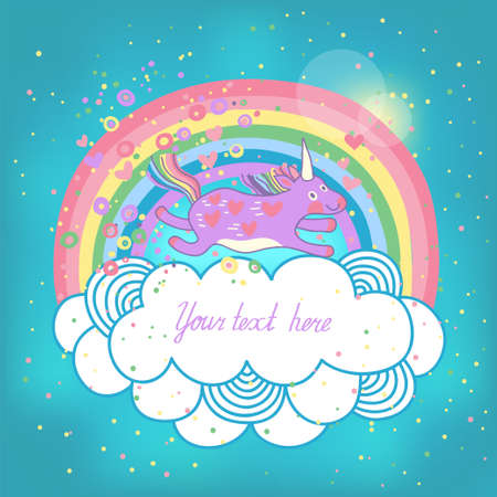 Card with a cute unicorn rainbow in the clouds  Vector illustration のイラスト素材