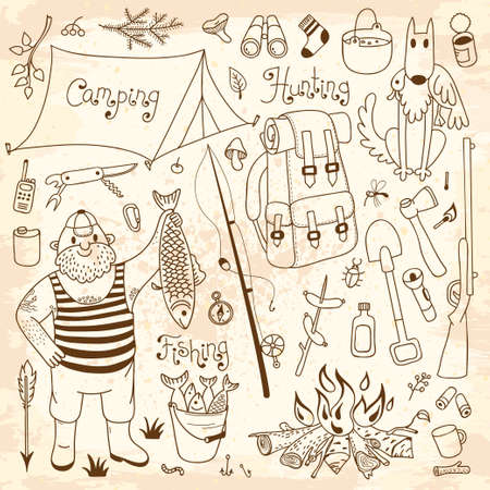 Fishing, hunting, camping set  Hand drawing design elements   Vector illustration のイラスト素材