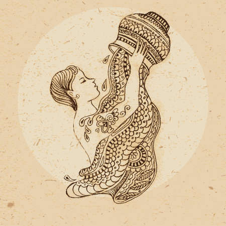 Hand drawn aquarius ornament with elements in the ethnic style  Zodiac sign - Aquarius  Vector illustration のイラスト素材