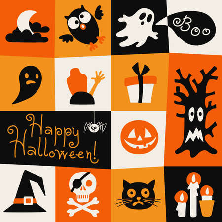 Happy Halloween card. Halloween symbols in a flat style. Vector illustration.のイラスト素材