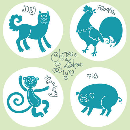 Set signs of the Chinese zodiac Monkey, Dog, Rooster, Pig. Vector illustration.のイラスト素材