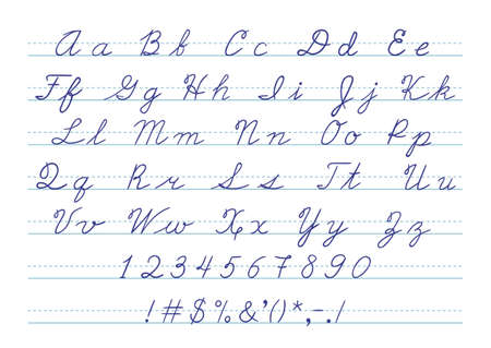 Hand drawn uppercase calligraphic alphabet and number. Cursive letters. Vector illustration.