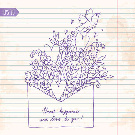 Illustration with hearts, bird and flowers. Vector illustration.のイラスト素材