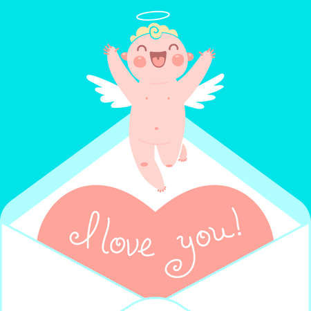 Valentine\'s Day card with cute Cupids and hearts. Vector illustration.のイラスト素材